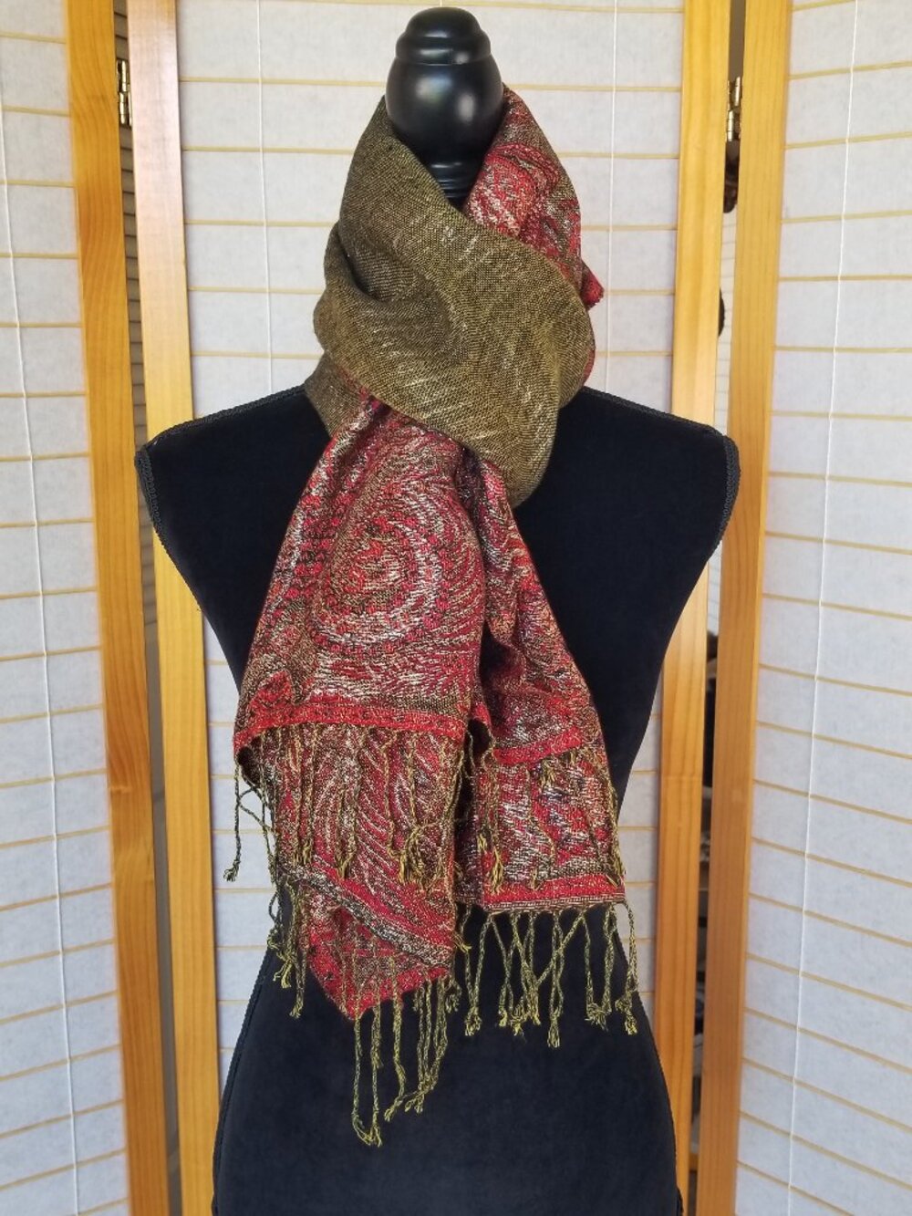 Oversized Wool Scarf with Fringe Green Burgundy Metallic Reversible Paisley Wrap